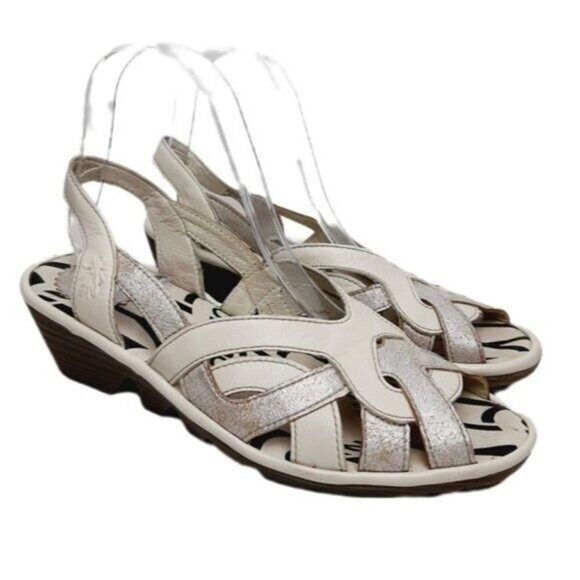 FLY LONDON Strappy Wedge Sandals Slingbacks White & Silver Sz 7.5 - Picture 1 of 15